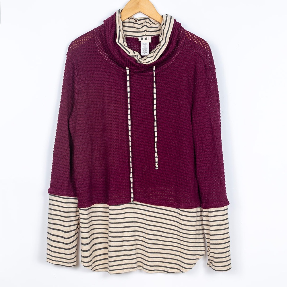 BiBi Burgundy and Striped Cowl Neck Sweater